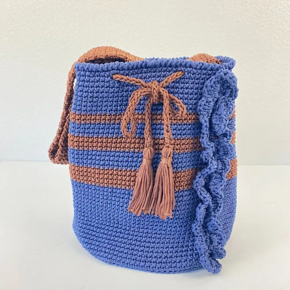 Shoulder Bag Handmade Crochet Bucket Bag Blue Brown Knit Ruffle Trim Drawstring